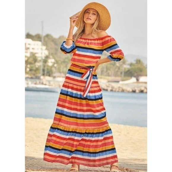 Boston Proper NWT Multi Stripe Off the Shoulder Tiered Maxi Dress Summer Size S - Picture 1 of 10